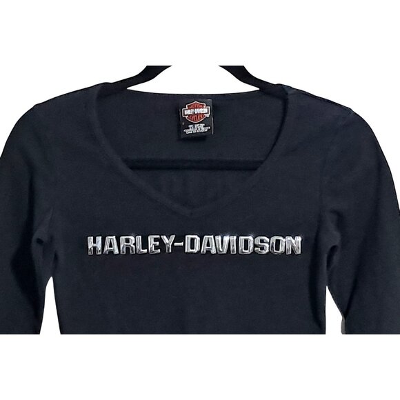 Harley Davidson Shirt Chrome Spellout Womens S Long Sleeve Black V-Neck Virginia - Picture 4 of 7